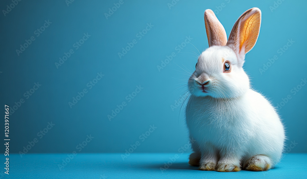 Obraz premium A white rabbit is sitting on a blue surface. The rabbit is looking at the camera with its eyes wide open