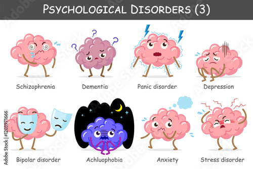 Psychological disorders set 3. Include schizophrenia, dementia, panic disorder, Depression, bipolar, phobia, anxiety, stress. Cute cartoon characters. Vector.
