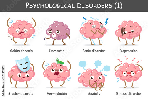 Psychological disorders set 1. Include schizophrenia, dementia, panic disorder, Depression, bipolar, phobia, anxiety, stress. Cute cartoon characters. Vector.
