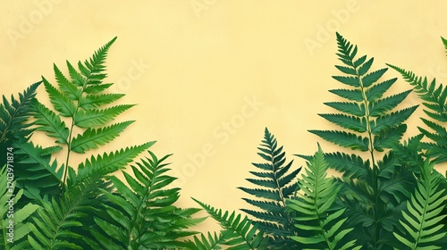 Lush green ferns against a soft yellow backdrop.