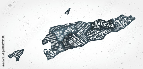 Timor-Leste regions word clouds. Country shape on textured background. Timor-Leste design in typographic style. Classy vector illustration.