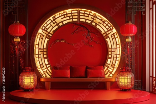 Red background, gold decoration, and red lanterns on the wall; The circular booth incorporates Chinese elements