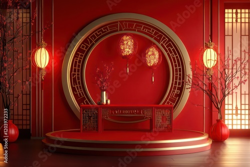 Red background, gold decoration, and red lanterns on the wall; The circular booth incorporates Chinese elements