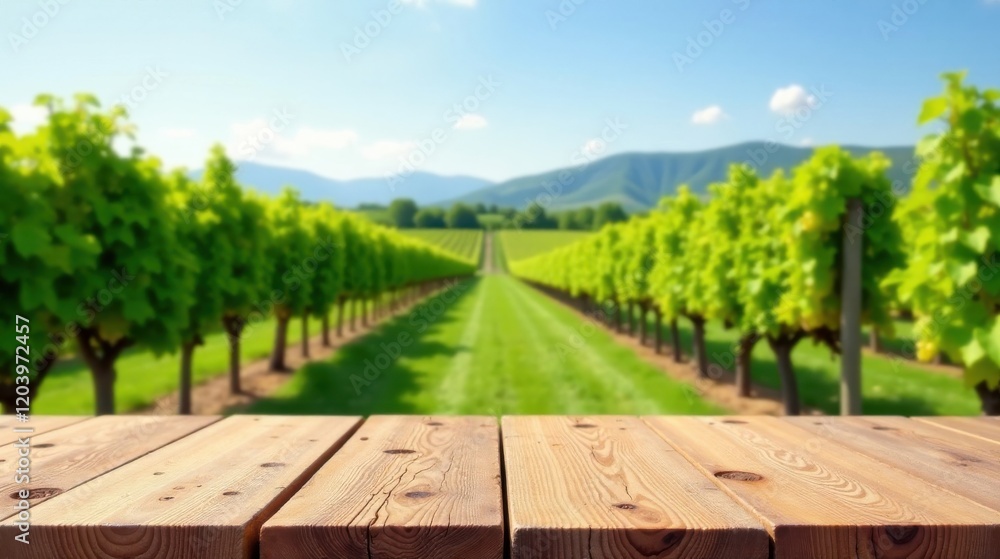 Rustic Wooden Tabletop Overlooking a Lush Vineyard Under a Sunny Sky Rustic Wooden Tabletop Overlooking a Lush Vineyard Under a Sunny Sky