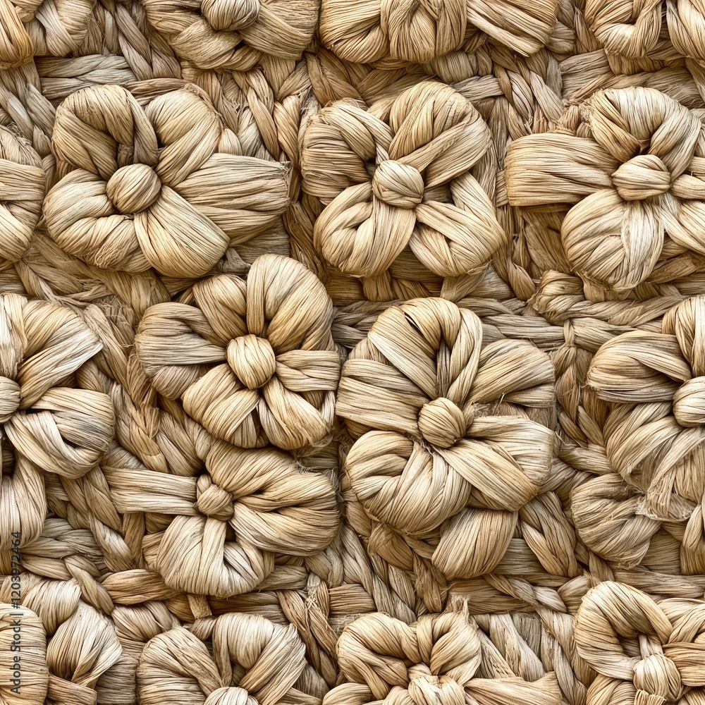Flowers formed entirely of woven grasses and organic rope textures . Seamless abstract 3d pattern background Flowers formed entirely of woven grasses and organic rope textures . Seamless abstract 3d pattern background
