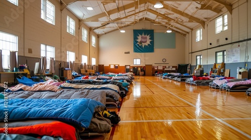 School gym with beds and food setup for emergency shelter.