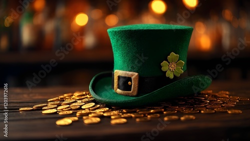 Green Leprechaun Hat with Shamrock and Gold Coins on Rustic Table, Celebrating St. Patrick's Day photo