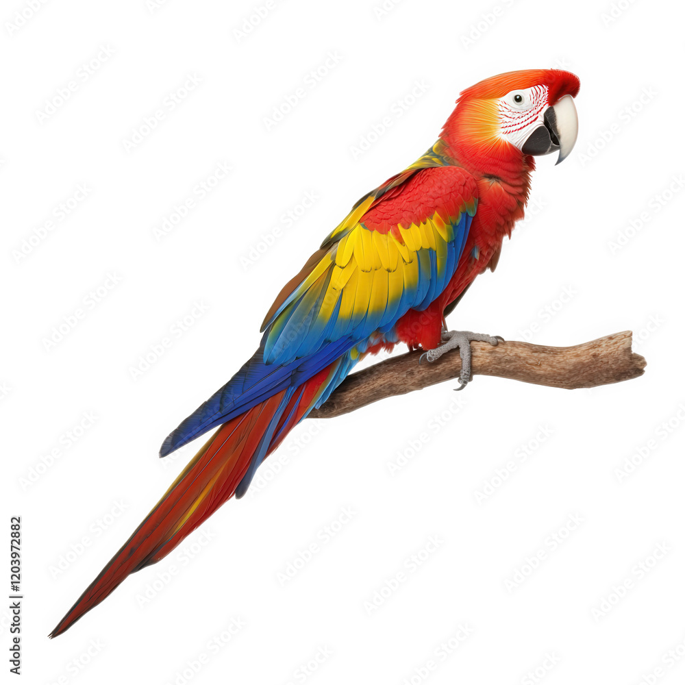 Fototapeta premium Vibrant scarlet macaw perched on branch, showcasing its stunning red, blue, and yellow feathers. This colorful bird exudes lively and cheerful presence