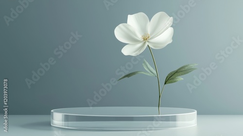 Thin transparent podium with white flower photorealism minimalism photo