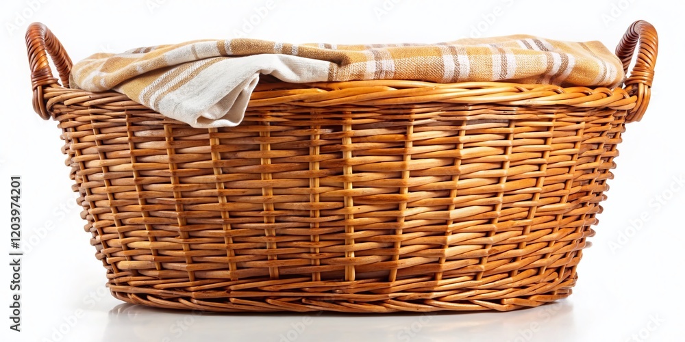 Obraz premium Rustic Wicker Laundry Basket Isolated on White Background - Perfect for Home Decor and Laundry Room Stock Photos