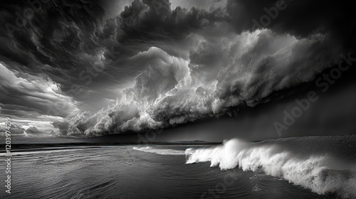Dramatic black and white photo of a stormy ocean with large waves crashing against the shore under a dark, ominous sky filled with heavy clouds.