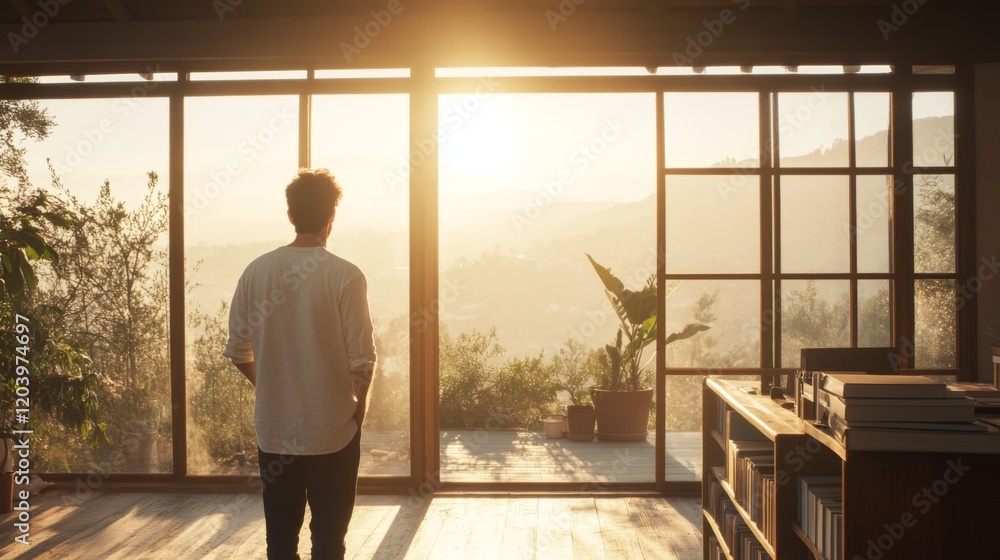 Fototapeta premium Man silhouetted against sunset through large windows, enjoying view.