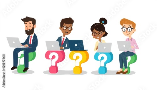A group of people are sitting at a table with a question mark on it