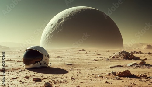 A helmet is laying on the ground in a desert