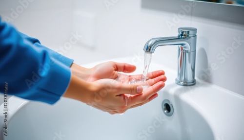 A person is washing their hands under a sink