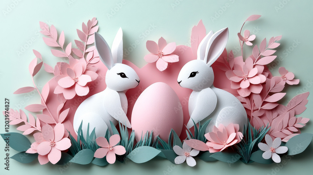 Obraz premium Two rabbits are sitting on an egg in a field of flowers. Concept of innocence and playfulness, as the rabbits are surrounded by the beauty of nature. The egg symbolizes new life and growth