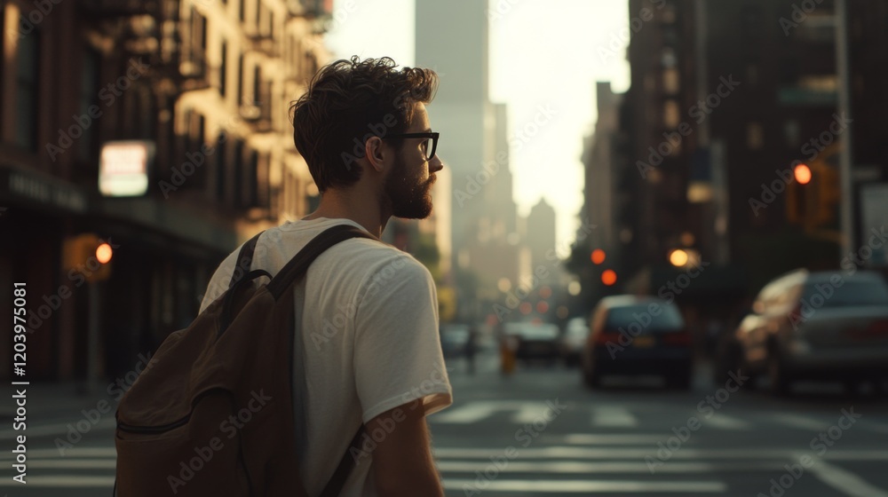 Fototapeta premium Man with backpack crossing city street at sunset.