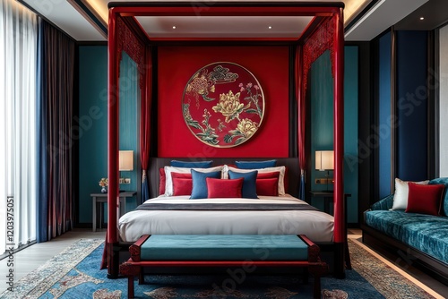 New Chinese style bedroom design, red and blue main color scheme