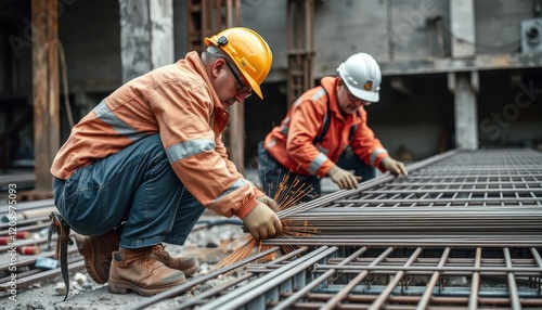Two men wearing hard hats and orange jackets are working on a construction site