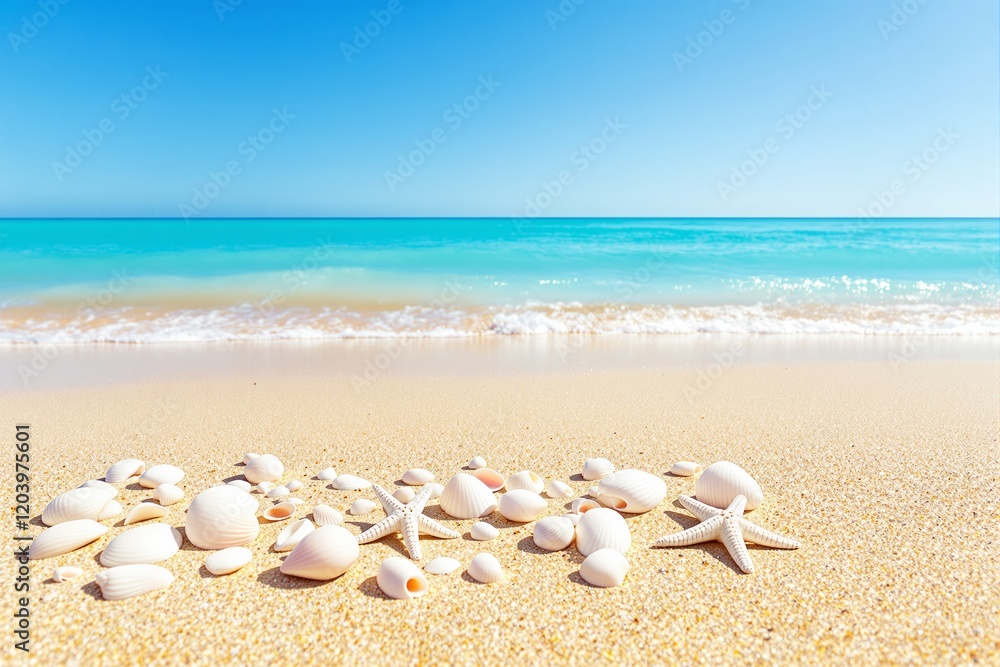 Beautiful sandy beach with scattered seashells and a calm turquoise sea under a clear blue sky. Beautiful sandy beach with scattered seashells and a calm turquoise sea under a clear blue sky.