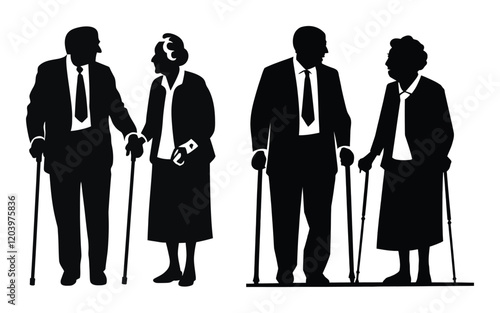 Elderly couple with walking stick cane silhouette vector.