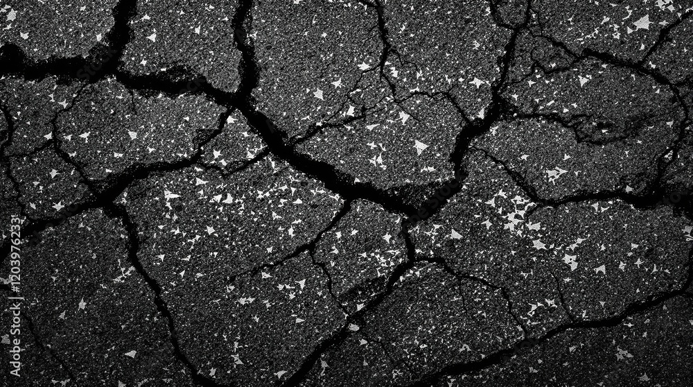 Obraz premium Black and white, dark gray volcanic basalt rock mountain, cracked and crumbled granite texture, broken stones scattered across a desolate, rugged terrain