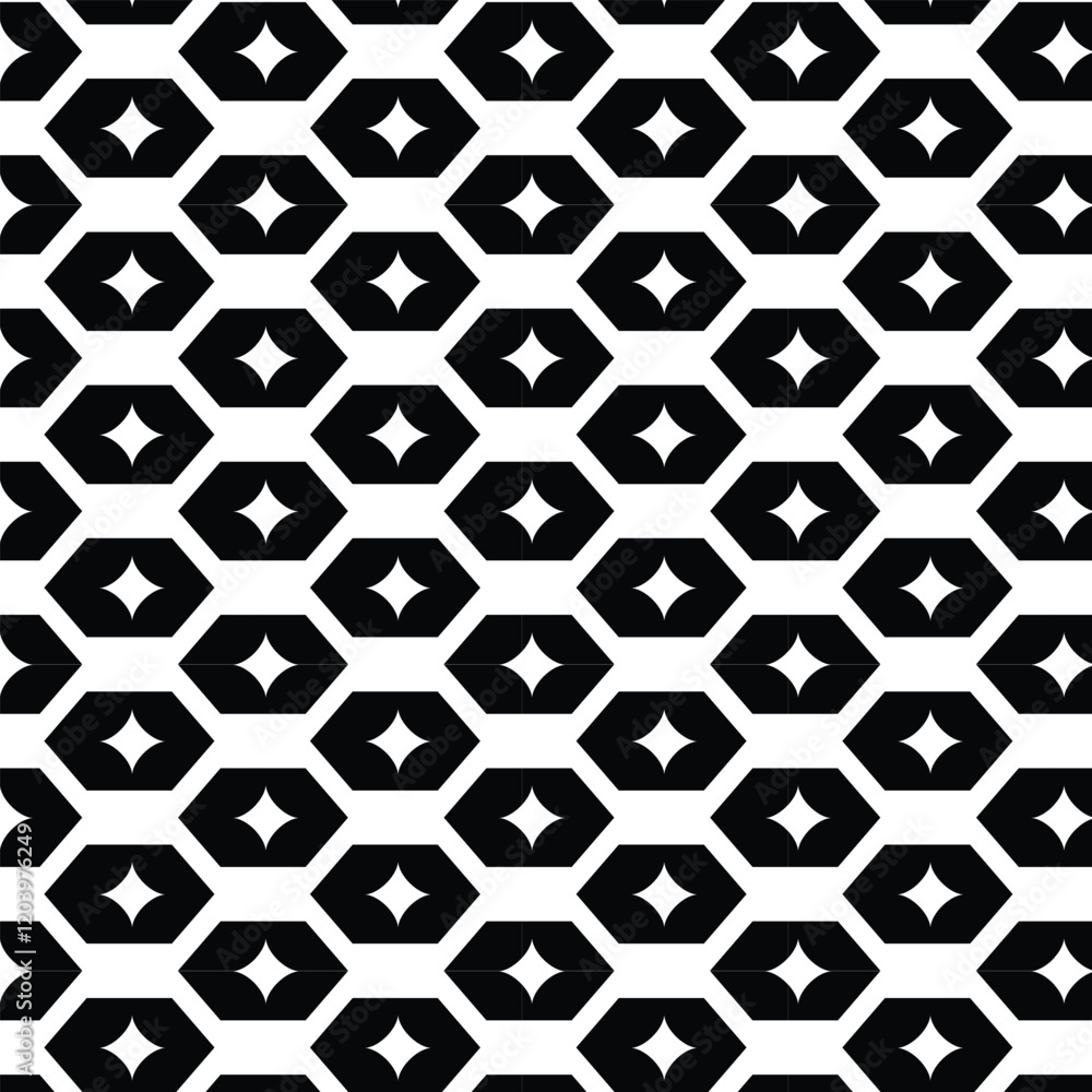 Fototapeta premium Black and white vector seamless pattern with small diamonds , star shapes ,rhombuses .Abstract black and white geometric texture .Simple minimal wide repeat background .