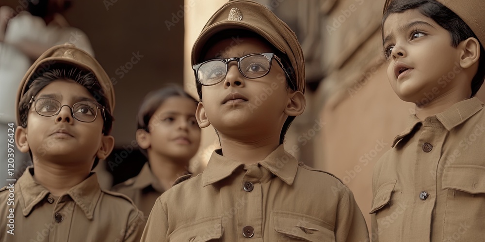 Children enacting Subhas Chandra Boses life in a dramatic skit perfect for educational projects and historical documentaries Children enacting Subhas Chandra Boses life in a dramatic skit perfect for educational projects and historical documentaries