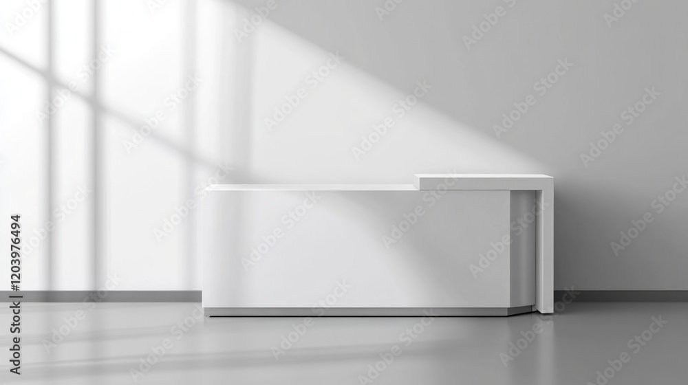 Fototapeta premium Minimalist white reception desk, sunlit room, modern interior, product display