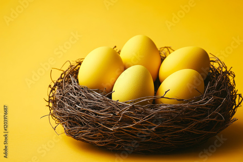 A nest of eggs is sitting on a yellow surface. The eggs are yellow and appear to be fresh. The nest is made of twigs and branches, and it looks like it has been carefully constructed to hold the eggs photo