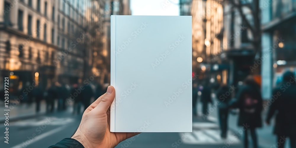 hand holding white book mockup of a blank cover with a city street blur background hand holding white book mockup of a blank cover with a city street blur background