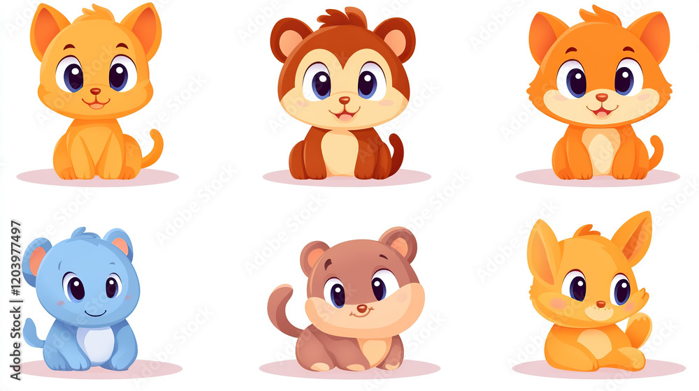 Six cute cartoon animal characters with different colors and poses sitting on white background Six cute cartoon animal characters with different colors and poses sitting on white background