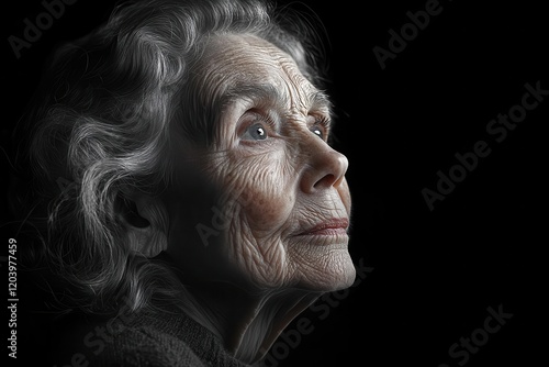 a weathered face of an elderly woman deep wrinkles telling stories of wisdom dramatic side lighting monochromatic portrait with intense detail and emotional depth photo