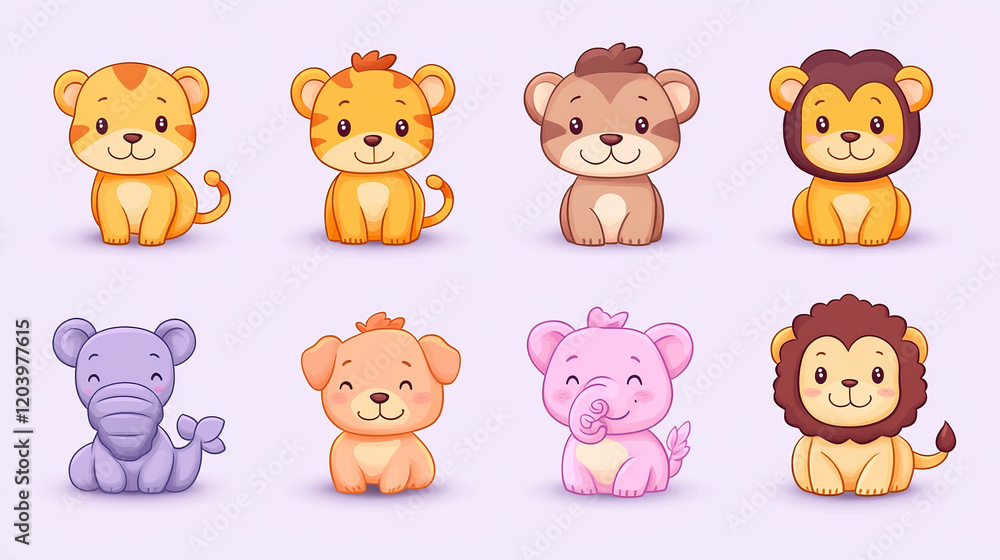 Cute Cartoon Animals Sitting Down with Happy Faces in a Light Purple Background Cute Cartoon Animals Sitting Down with Happy Faces in a Light Purple Background