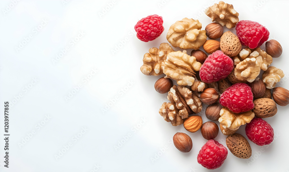Raspberries, nuts, studio, white, healthy snack Raspberries, nuts, studio, white, healthy snack