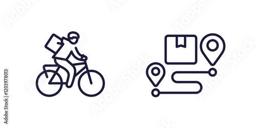 bike delivery line icons, courier on the bicycle, delivery route