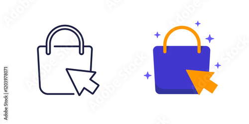click and collect icons with shopping bags, line and flat design