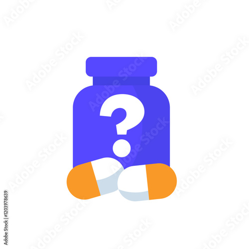 unknown medication icon with bottle and pills, flat design
