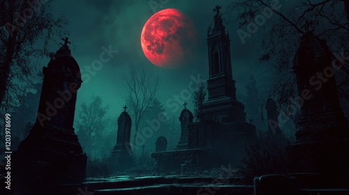 Blood Moon over the Eerie Cemetery photo