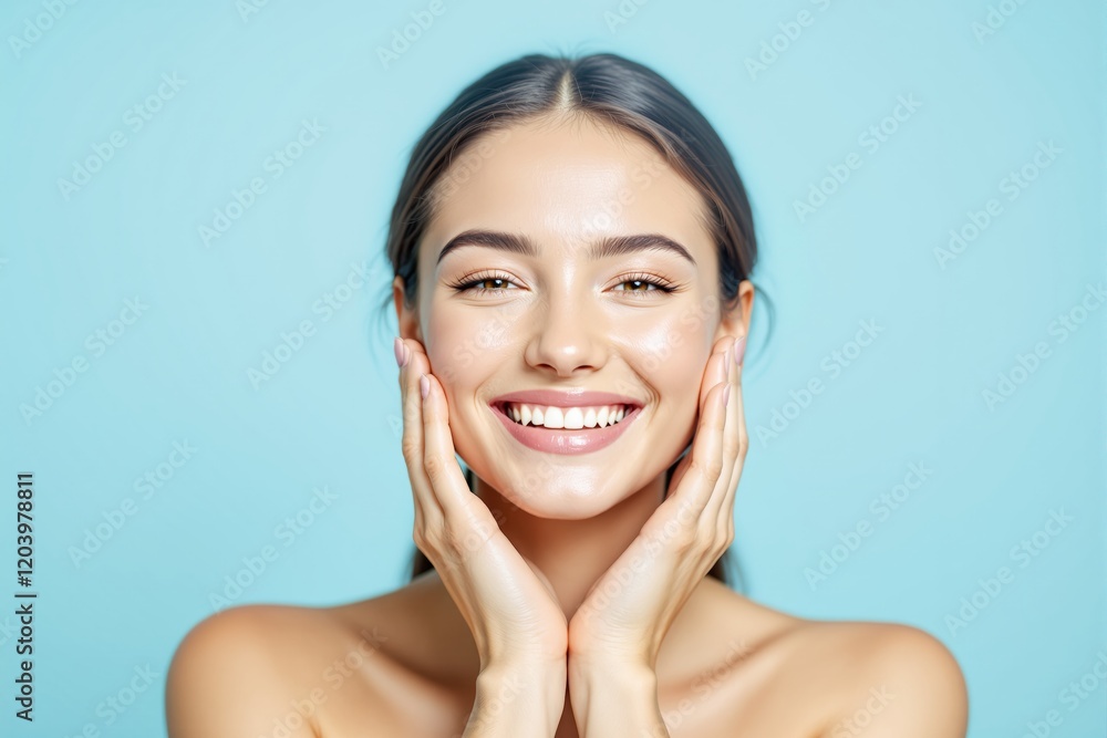 Radiant woman smiles while touching her face, glowing with natural beauty. Radiant woman smiles while touching her face, glowing with natural beauty.