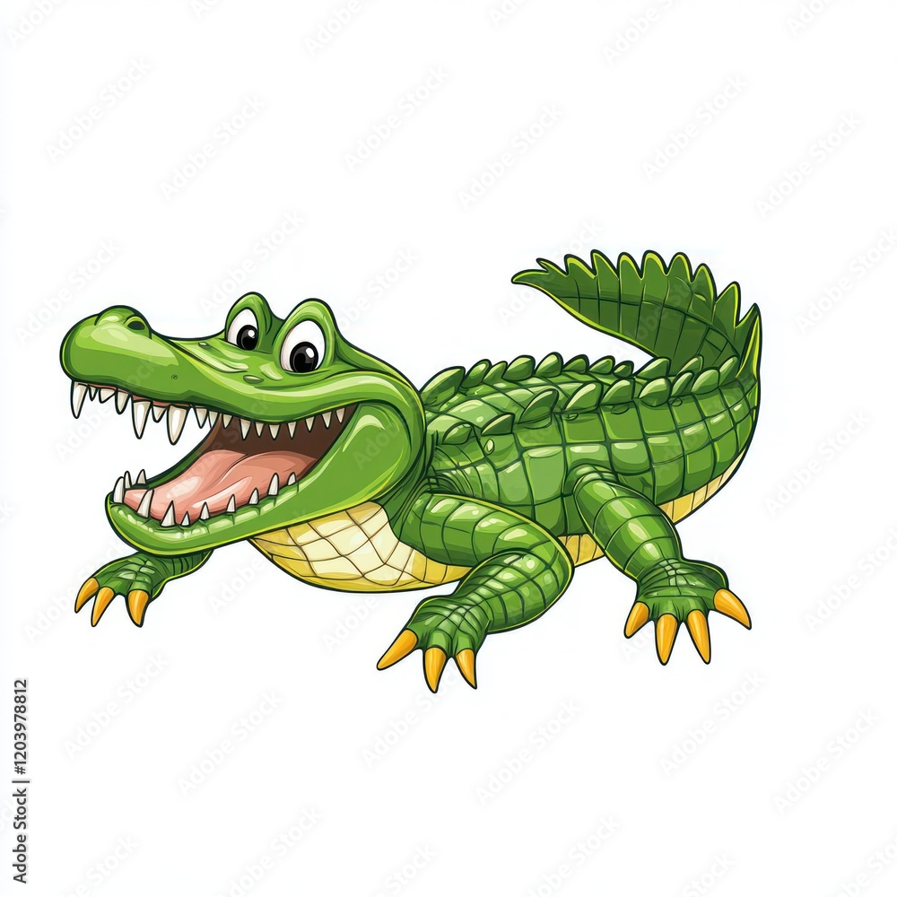 Fototapeta premium Cartoon crocodile, happy, smiling, isolated, children's book illustration, possible use in kids' media