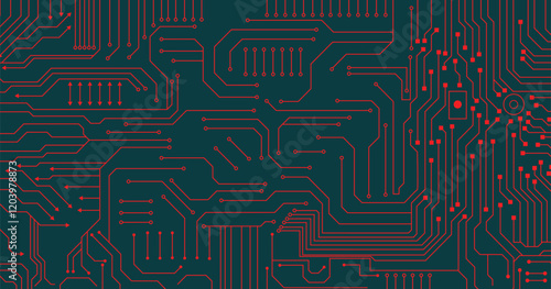 Circuit board, technology background. Black and red vector background illustration for web, decor, graphic design