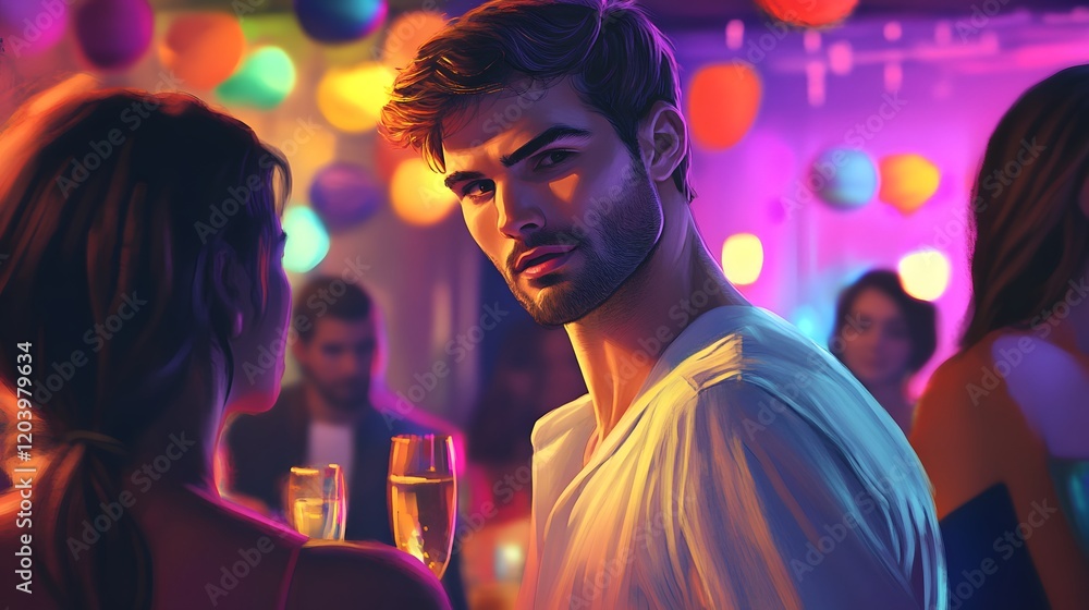 Man Looks Back at Woman in a Crowded Party Setting Man Looks Back at Woman in a Crowded Party Setting