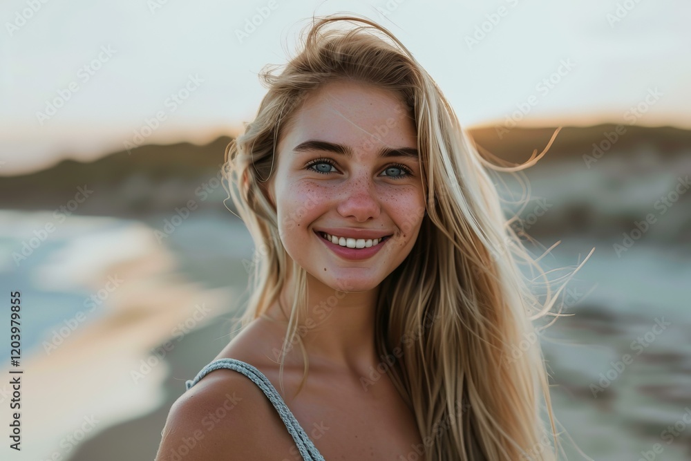 Portrait of beautiful smiling blonde woman with freckles enjoying sunset at the beach Portrait of beautiful smiling blonde woman with freckles enjoying sunset at the beach