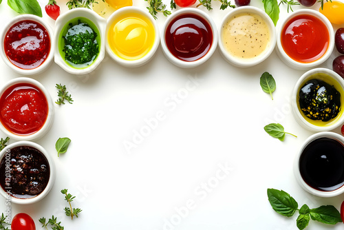Colorful sauces frame white background