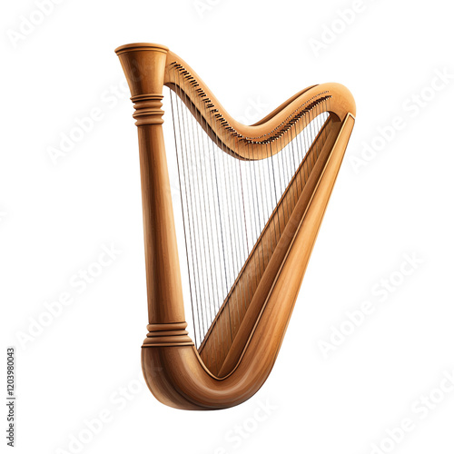 Elegant wooden harp with intricate details. PNG