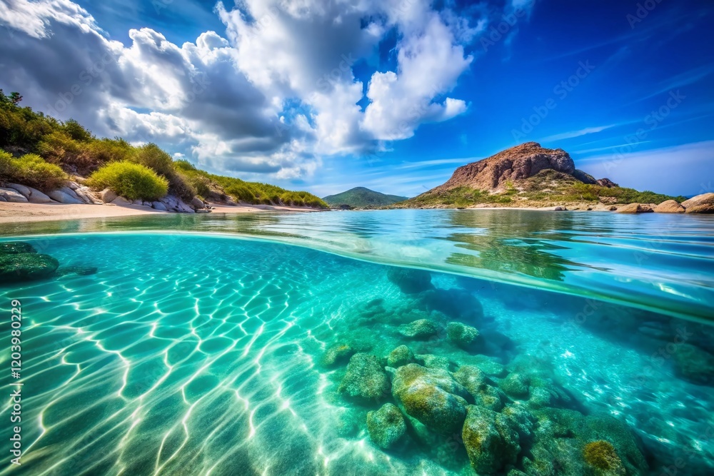 Fototapeta premium Sardinia La Pelosa Beach Azure Sea Double Exposure Dreamy Landscape Stock Photo