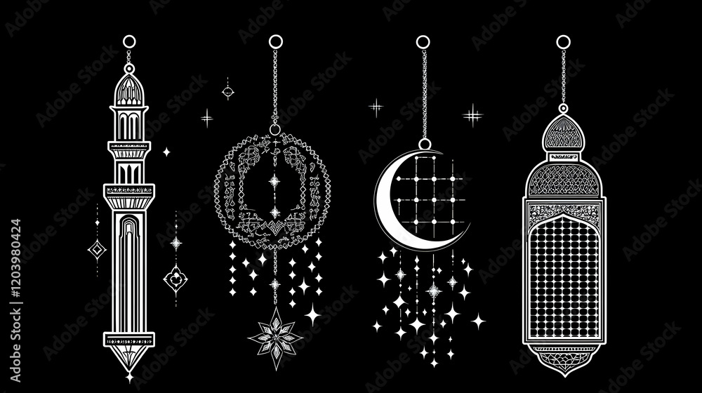 Fototapeta premium Ramadan, Islamic, Eid Mubarak, Moon, Lantern, Ornaments, Vector Icons