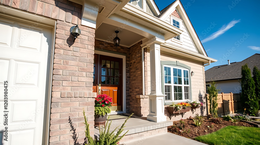 Obraz premium Dream House Exterior: Brick Facade, Landscaping, and Porch Design