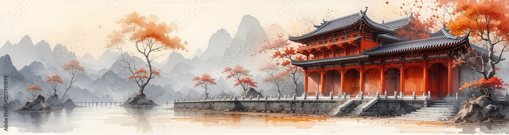 Naklejka premium illustrazione paesaggio in stile asiatico con templi e vegetazione in colori autunnali